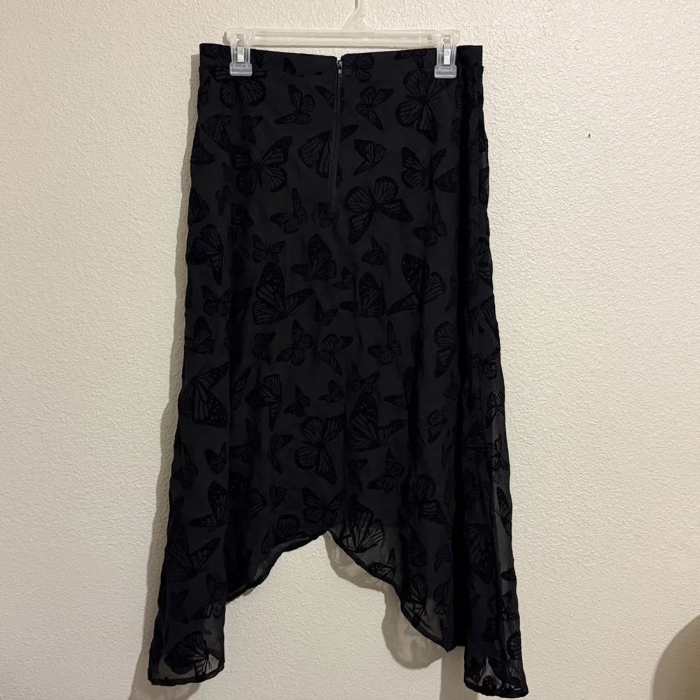 Cosmic Aura Black Butterfly Chiffon Hanky Hem Midi Skirt Romantic Gothic Vampy